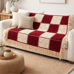 Vintage Handmade Crochet Afghan Throw Blanket Red Cream Granny Square Fringe